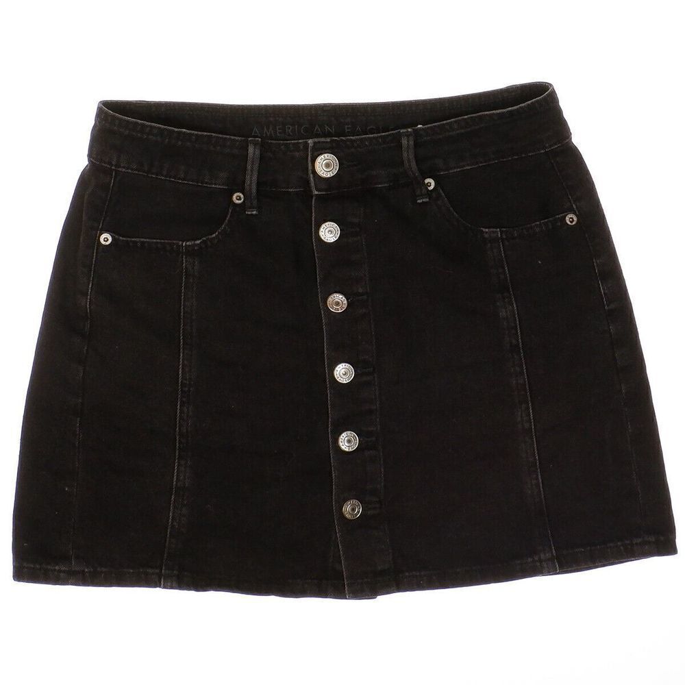 American Eagle Skirt Size 4 Womens Black Mid Rise A Line Denim Button Up 29x15.5